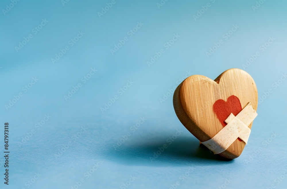 Fototapeta premium Wooden Heart with Bandage on Blue Background