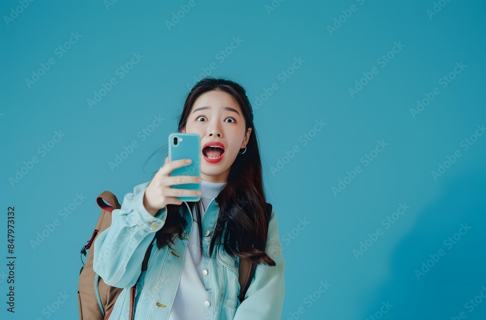 Young Asian Woman Jumping with Backpack Making Video Call