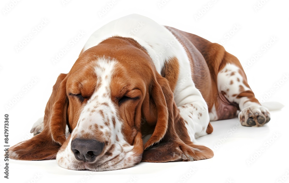 Basset Hound Dog Lying Down with Eyes Closed, Isolated on White Basset Hound Dog Lying Down with Eyes Closed, Isolated on White