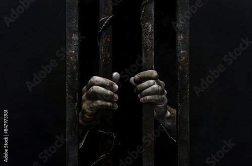 Prisoner Gripping Bars Against Dark Background