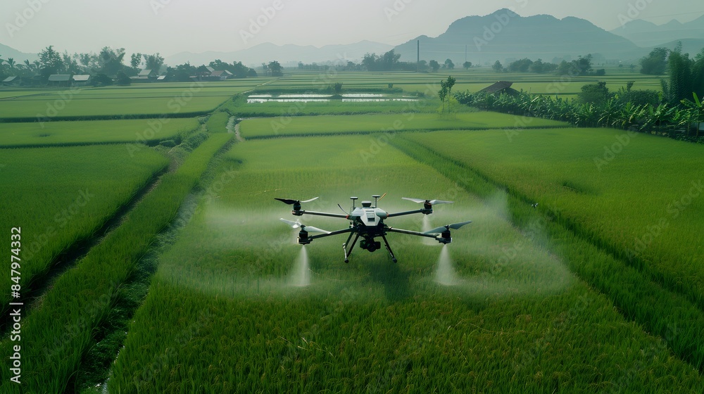 Advanced agricultural drone spraying medicine over expansive rice fields, in a bright and clear