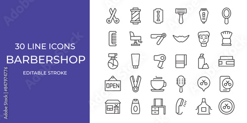 Barbershop icon illustration vector stroke editable. hairdryer, cutter, razor, and more