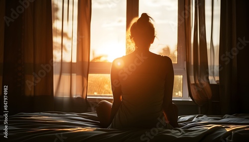 Silhouette of Woman Sitting on Bed in Dark Room at Sunset