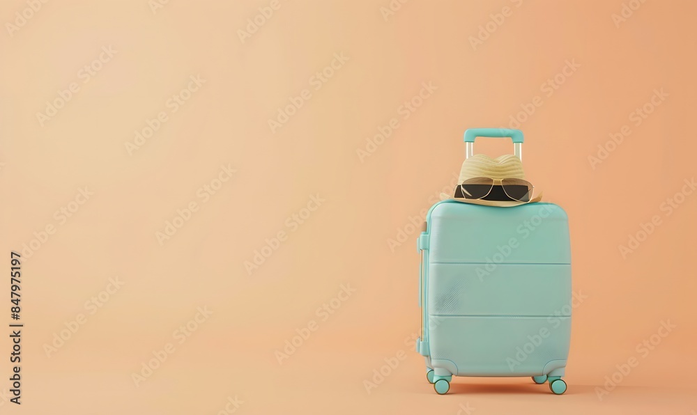 Blue Suitcase with Sunglasses and Hat on Pastel Background Blue Suitcase with Sunglasses and Hat on Pastel Background