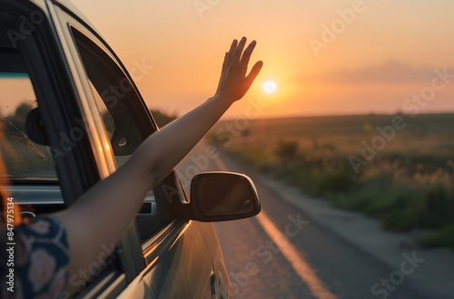 Young Woman Waving from Car Window at Sunset on Empty Road