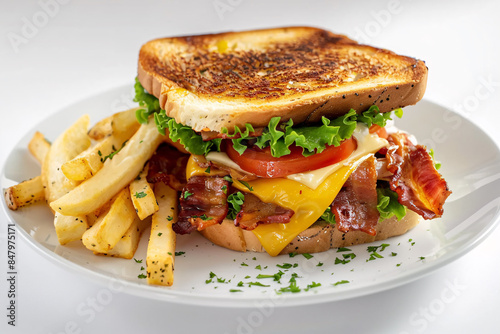 a sandwich with bacon and cheese and french fries on a white plate