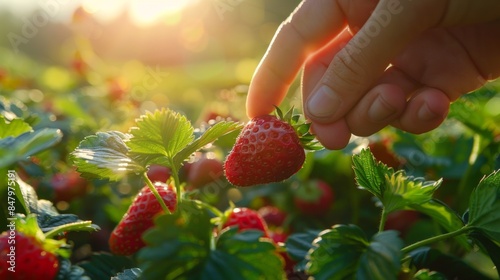 Hand picking fresh strawberries from a field at sunrise photo