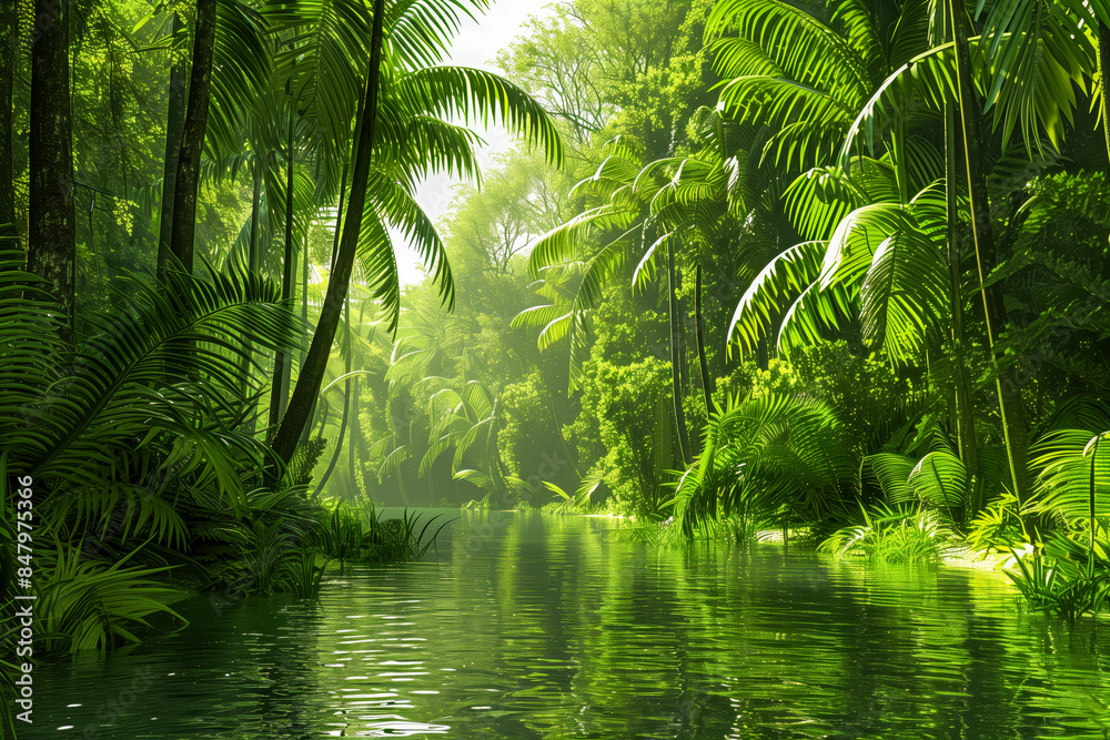 Tranquil coastal rainforest, with mangrove swamps, dense foliage, and winding rivers 