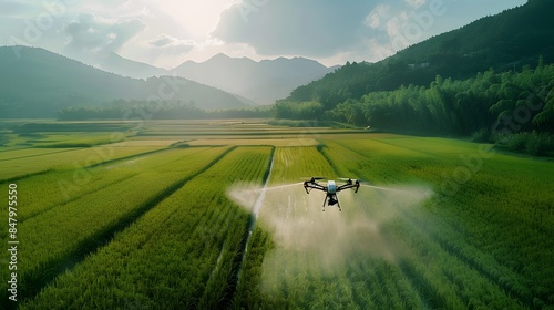 Drone technology spraying medicine over lush rice fields, showcased in a bright