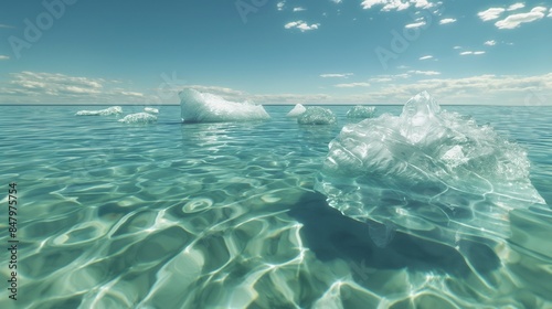 Crystal-clear icebergs floating on a serene 3D ocean, with a clear blue sky above and deep water below.