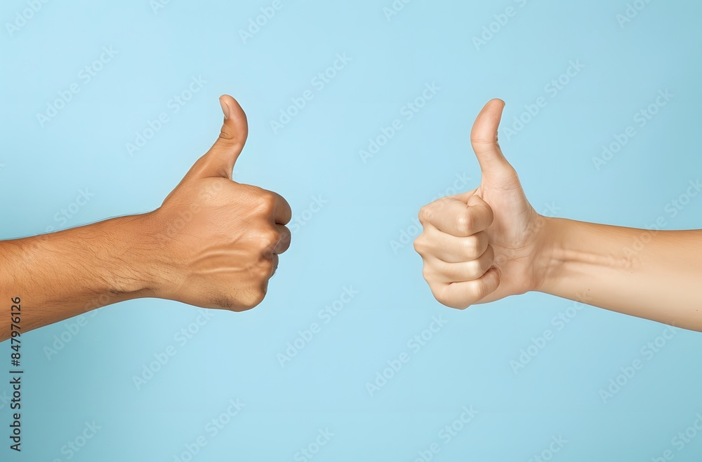 Thumbs Up and Down Hands on Light Blue Background Thumbs Up and Down Hands on Light Blue Background
