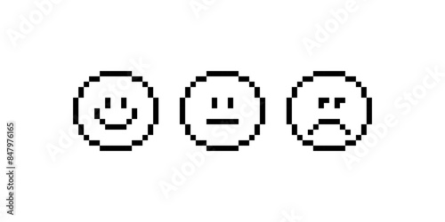 Minimalist pixel art emoticon. Pixelated happy, neutral and sad face. Smile icons. Survey concept. Pixels Y2k trendy playful emoji stickers. 8-bit retro style vector illustration for social media