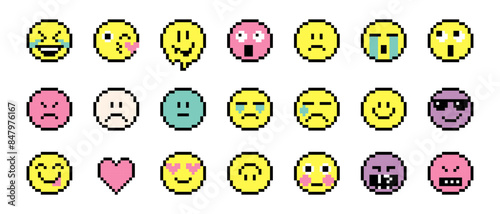 Smile icons collection. Set of emoticons pixel art. Emoji pixelated icon pack. Various faces. Pixels Y2k trendy playful emoticon stickers. 8-bit retro style vector illustration for social media