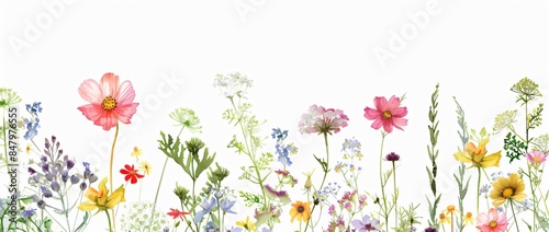 Watercolor Wildflowers Field Border on White Background
