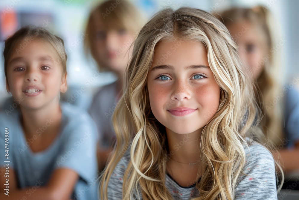 Young Blonde Girl Smiles in Classroom Young Blonde Girl Smiles in Classroom