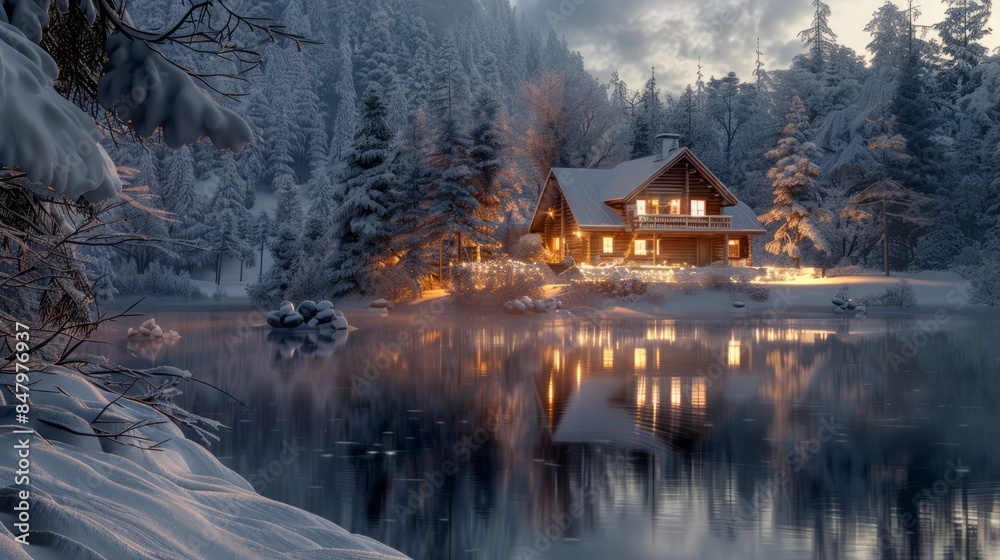 Fototapeta premium Snow-covered cabin by a frozen lake in a winter wonderland