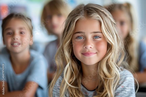 Wallpaper Mural Young Blonde Girl Smiles in Classroom Torontodigital.ca