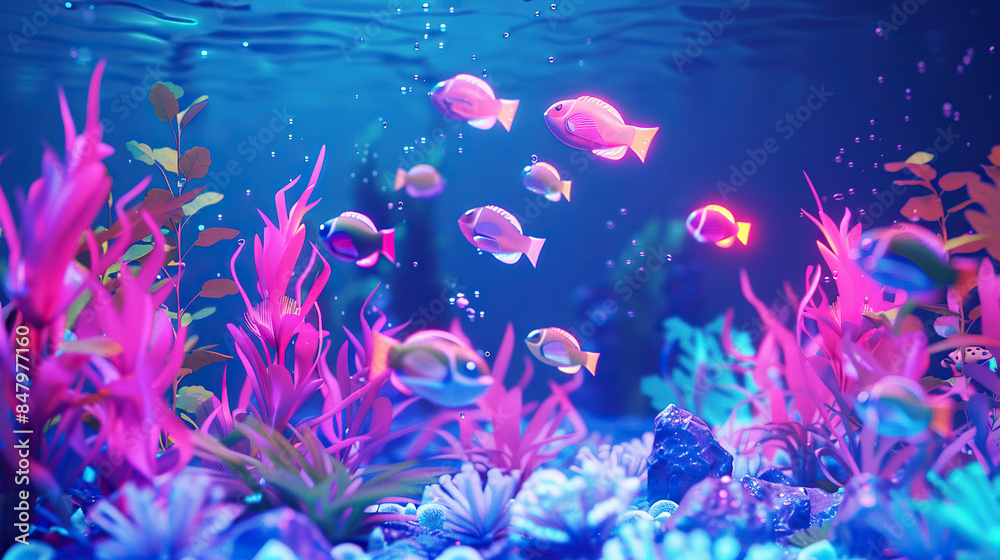 Fototapeta premium I imagine a beautiful underwater scene with blue and yellow flowers floating in the water, surrounded by fish and bubbles