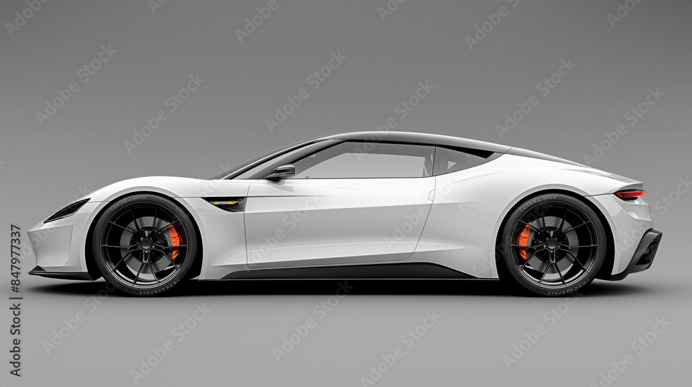 White sports car with black wheels and orange brake calipers on a grey background. Side view of a high-performance vehicle for car mockup design. White sports car with black wheels and orange brake calipers on a grey background. Side view of a high-performance vehicle for car mockup design.
