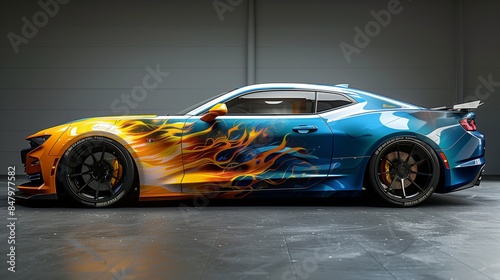Sports car with dynamic blue and orange flame graphics on the body, black wheels, and a rear spoiler in a garage. Side view of a vehicle with custom car wrapping design for automotive enthusiasts.