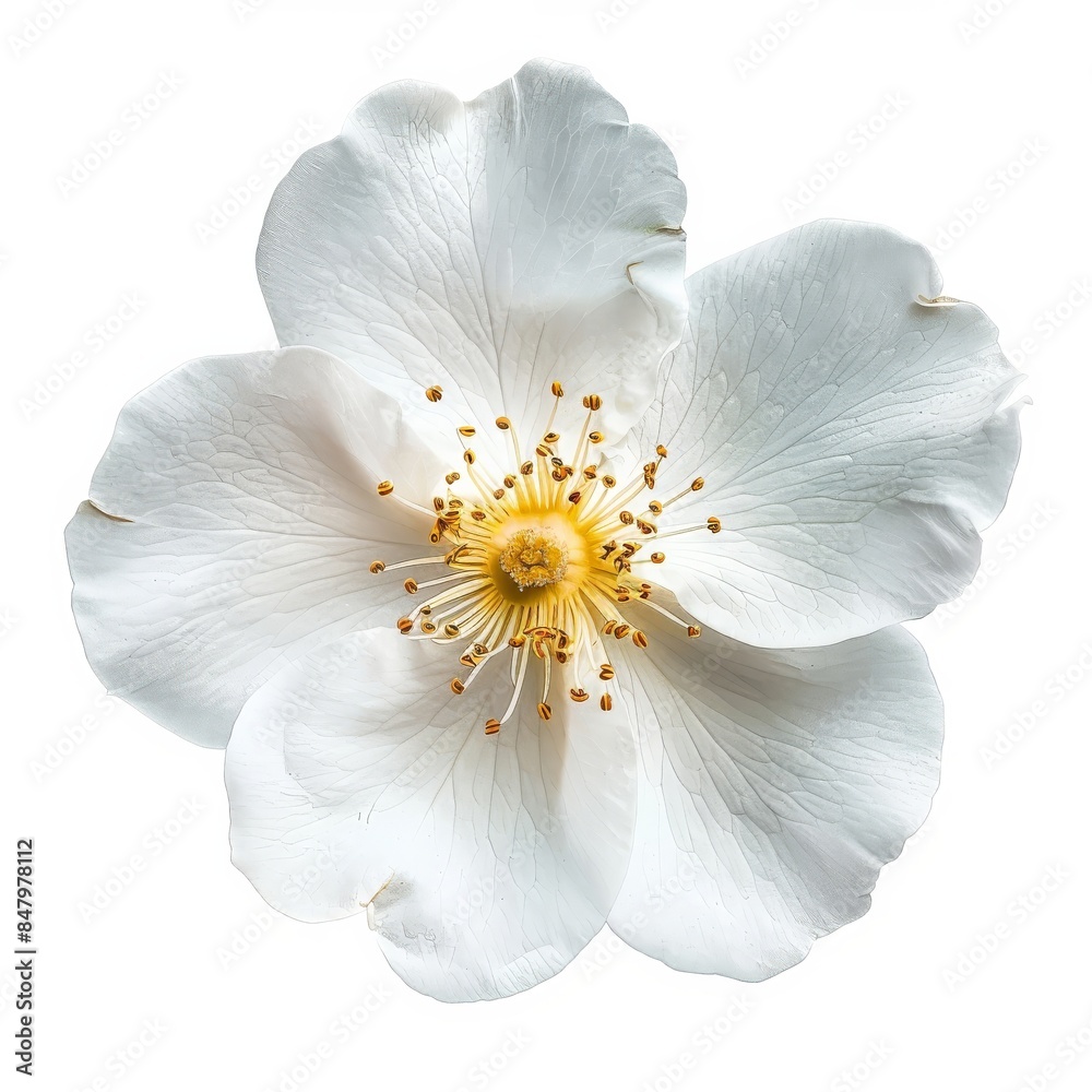 Fototapeta premium flower Photography, Cherokee Rose copy space on right, Isolated on white Background