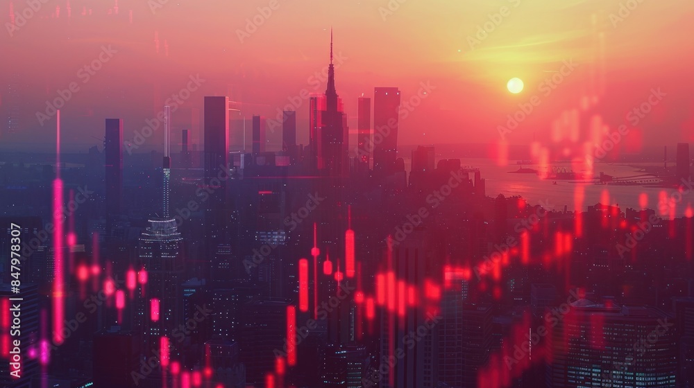Fototapeta premium Double Exposure Trading Graph Hologram and Panoramic Sunset City