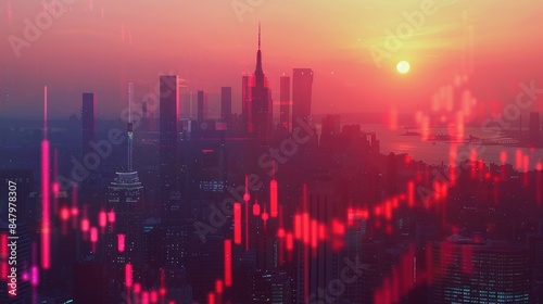 Double Exposure Trading Graph Hologram and Panoramic Sunset City © Mrs. Studio