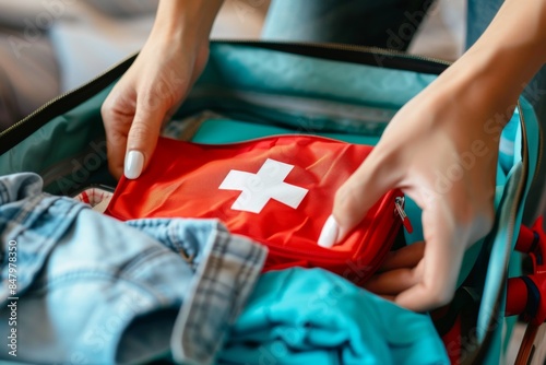 Close-up of a person packing a first aid kit into a travel bag for safety, health, and preparedness. Generated AI photo
