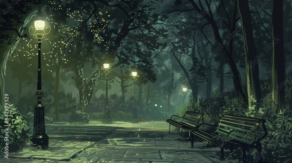 Misty Night Park Bench: Tranquility Under Lamplight