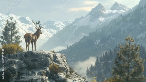Deer watching on the mountain forest hill a high mountain
