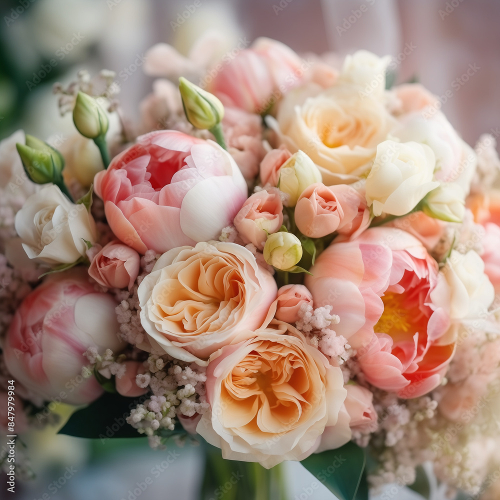 Elegant Bridal Bouquet with Pink and White Roses and Peonies, Romantic Floral Arrangement Elegant Bridal Bouquet with Pink and White Roses and Peonies, Romantic Floral Arrangement