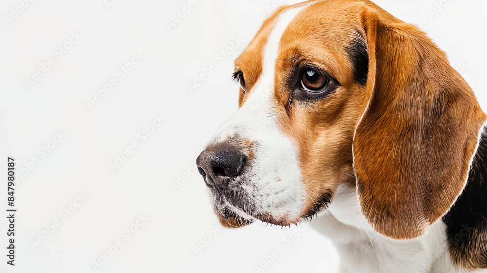Close-up portrait of a beagle dog against a white background Close-up portrait of a beagle dog against a white background