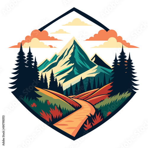 Hiking on the trails with a mountain in the distance. Vintage retro-style mountain and forest illustration for t-shirt design