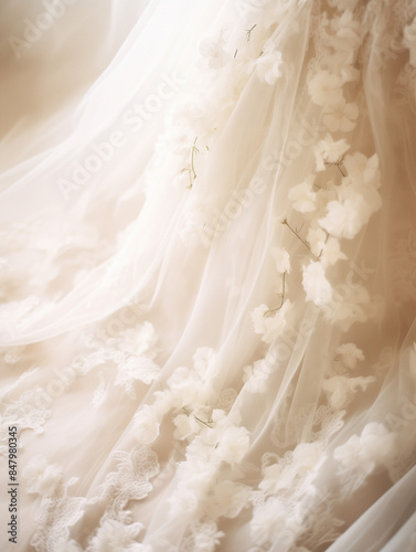 Detailed Wedding Dress with Lace Floral Embroidery, Elegant and Romantic, with Copy Space