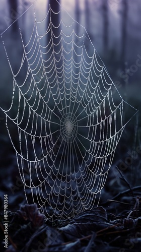 Glistening dew on a spidera??s web at dawn, the web intricately woven and highlighted against a dark forest backdrop. photo
