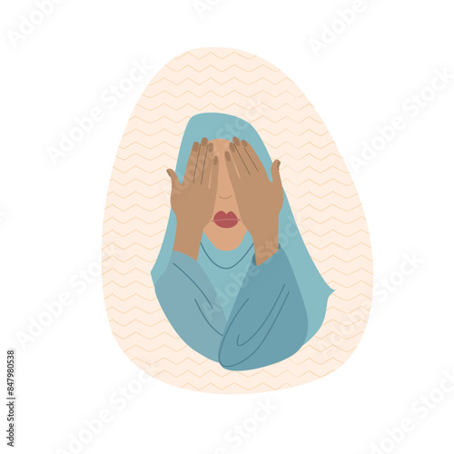 Vector illustration in flat style on the theme of a religious Muslim holiday. Woman in burqa prays.