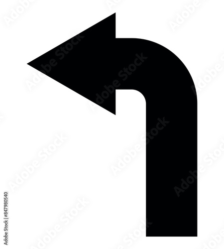 arrow pointing to the left, black and white vector silhouette illustration of curved arrow shape symbol