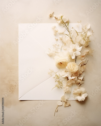 Elegant Wedding Invitation with White Flowers, Minimalist Romantic Design, with Copy Space