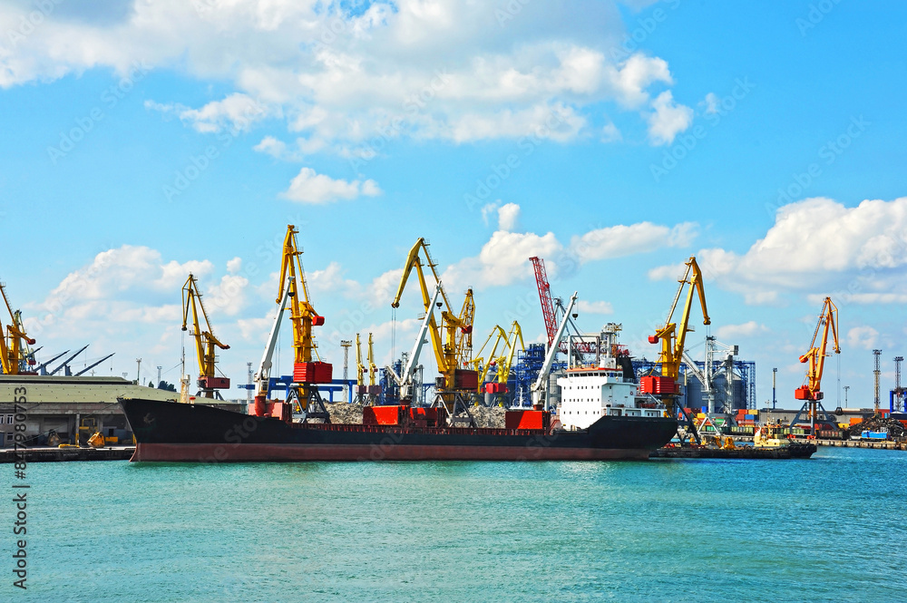 Bulk cargo ship under port crane