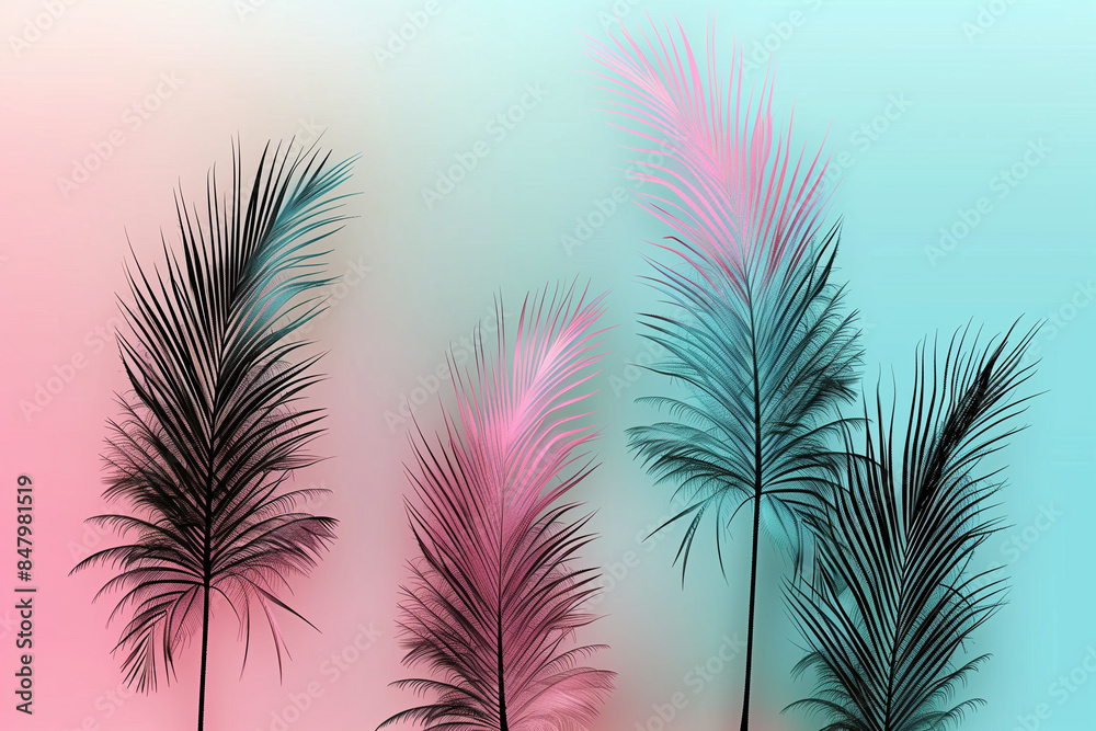 Abstract palm leaves with pink and blue gradient background. Modern and vibrant tropical design. Pastel summer concept. Abstract palm leaves with pink and blue gradient background. Modern and vibrant tropical design. Pastel summer concept.