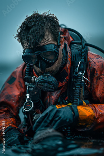 Minimalist image of a rescue diver preparing gear by a calm, blue water backdrop, photo
