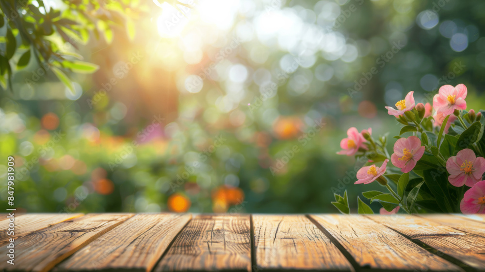 wooden table against blur garden flowers and green plants, for business background wooden table against blur garden flowers and green plants, for business background