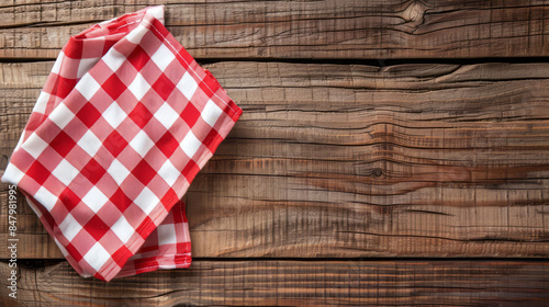 Checkered napkin on rustic wooden background for country dining