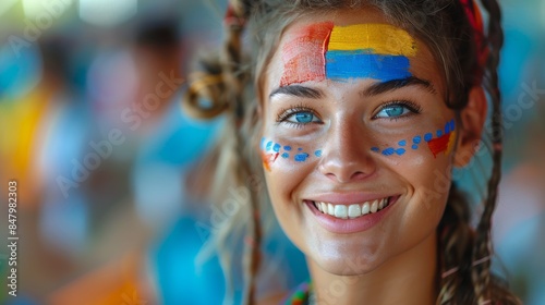 Smiling young woman with colorful face paint and braided hair enjoying a sports event
