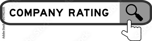 Search banner in word company rating with hand over magnifier icon on white background