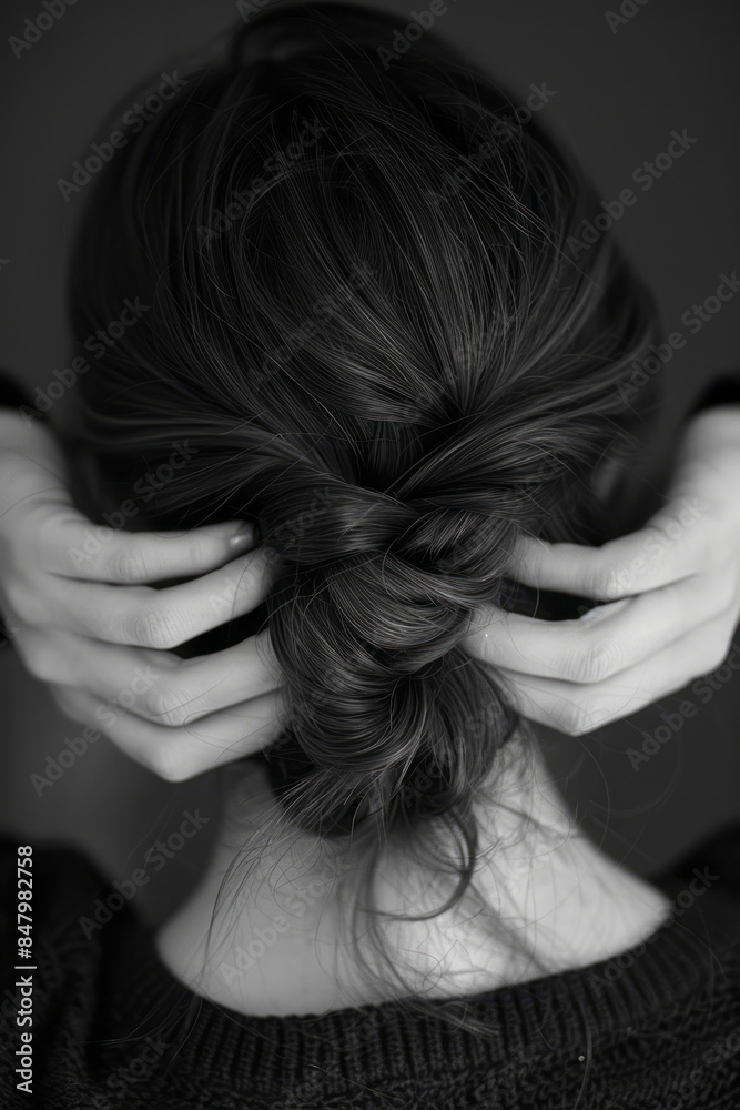 Fototapeta premium Minimalist image of a hairstylists hands creating a braid in a womans hair,