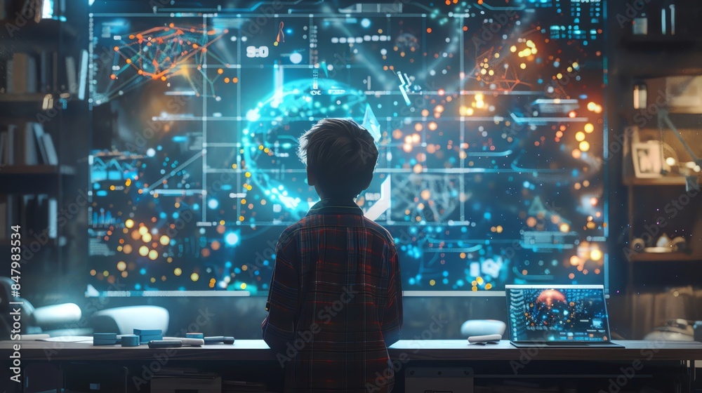 A teacher using a holographic tablet to assign digital homework, modern classroom, bright and engaging, futuristic learning tools, 3D render A teacher using a holographic tablet to assign digital homework, modern classroom, bright and engaging, futuristic learning tools, 3D render