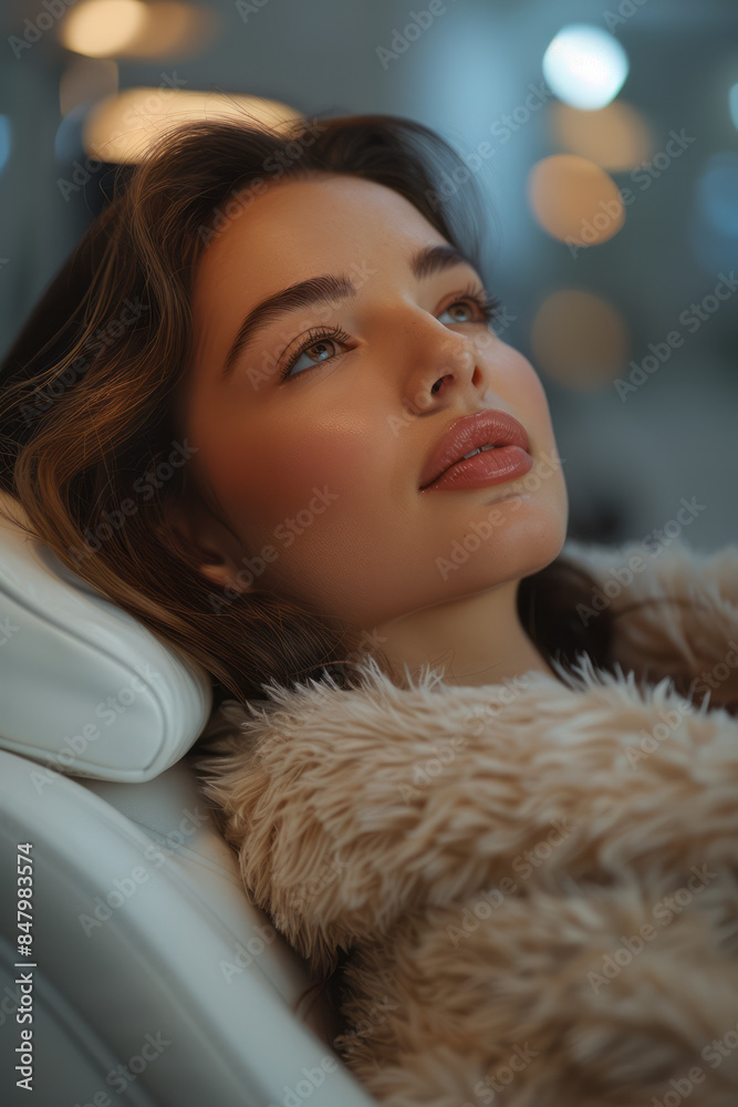 Elegant shot of a woman relaxing in a clean, modern clinic after a laser hair removal session, Elegant shot of a woman relaxing in a clean, modern clinic after a laser hair removal session,
