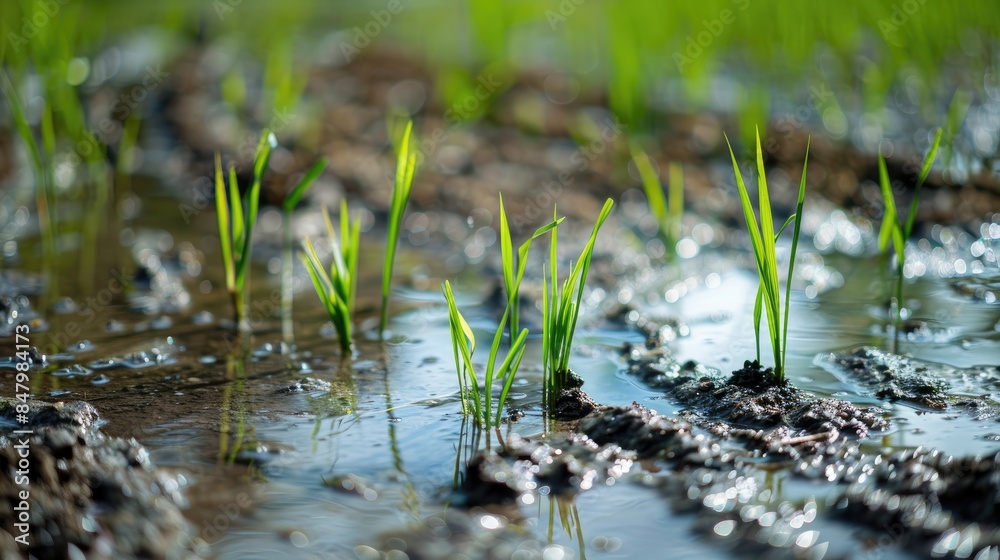 Rice seedlings recently sown in the paddy field Rice seedlings recently sown in the paddy field