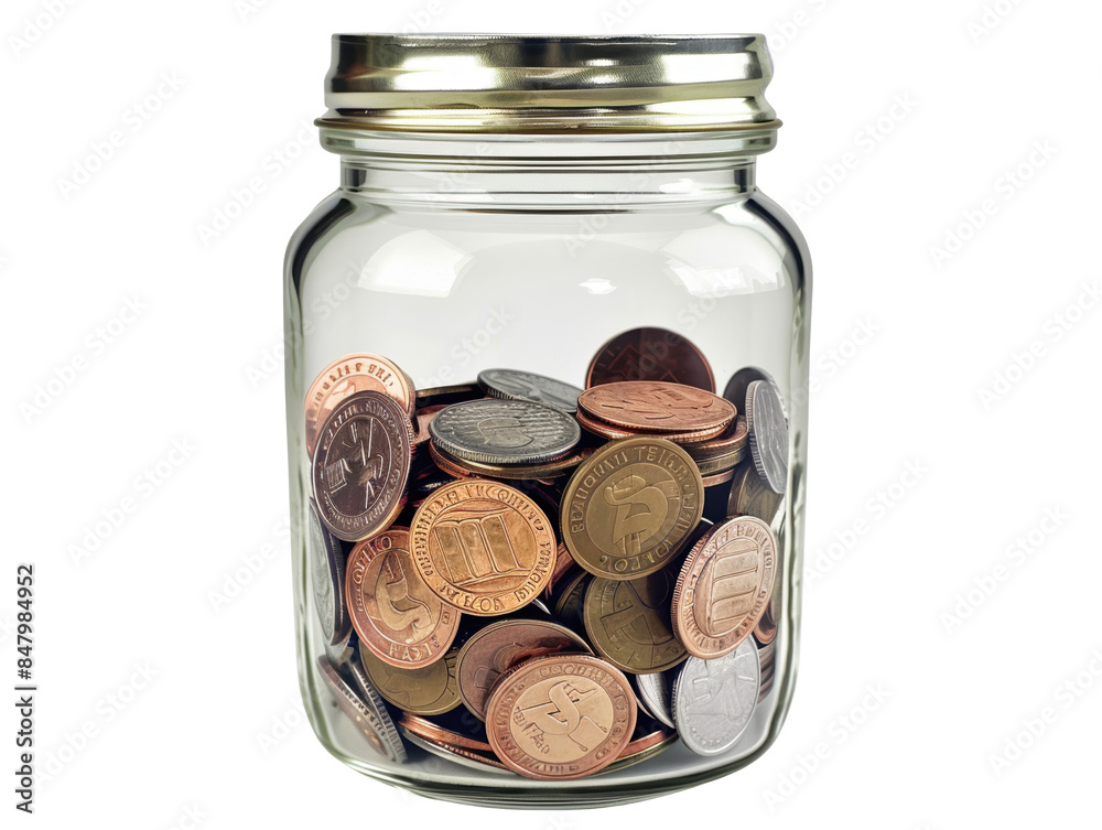 A jar full of coins, including pennies, nickels, dimes, and quarters A jar full of coins, including pennies, nickels, dimes, and quarters